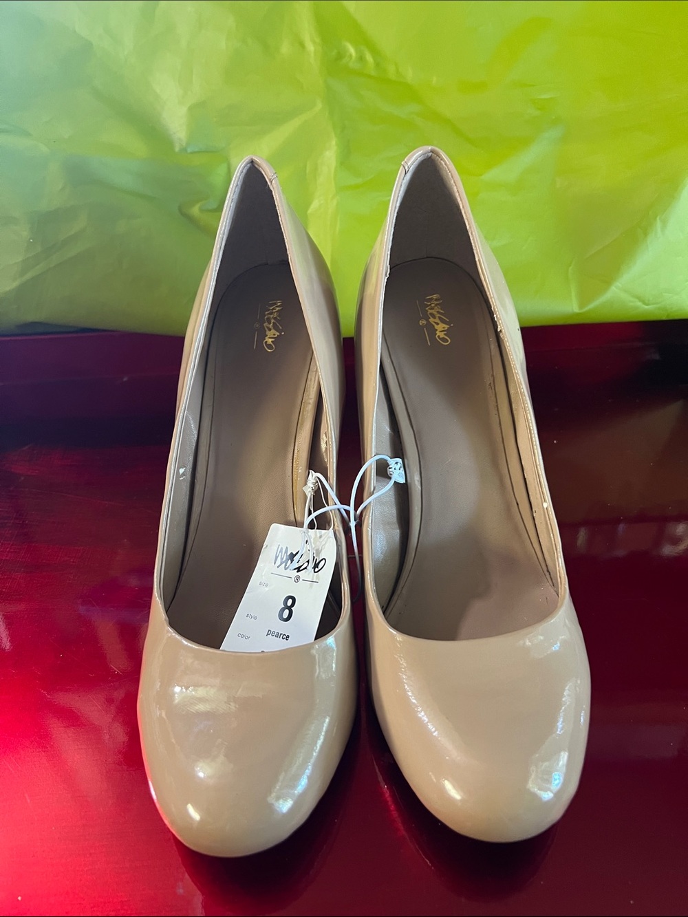 Massimo Patent Round-Toe Pumps in Beige